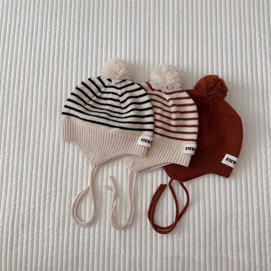 Cute Pom Kids Knit Hat 2023 Autumn Kids Beanie Ear Protection Cap For Girls Boys Fashion Striped Soft Baby Bonnet Cap251028