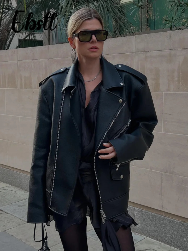 High Street Zippers Leather Jackets Women Lapel Long Sleeve Pockets Buttons Jacket 2025 Autumn Female Locomotive Outwear 251029
