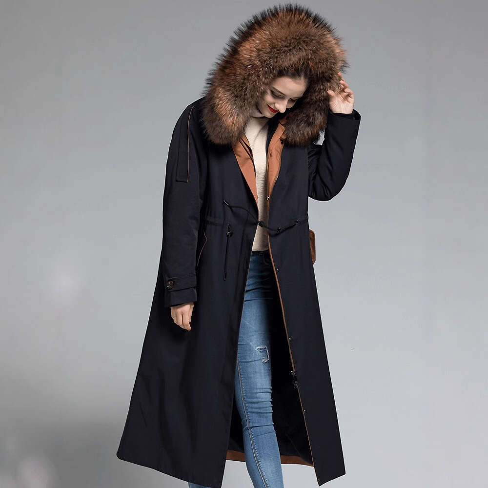 Extended Thickened 2025 New For Women, Long Over-The-Knee Style With Detachable Large Collar And Rabbit Fur Inner Lining, Women's Parka