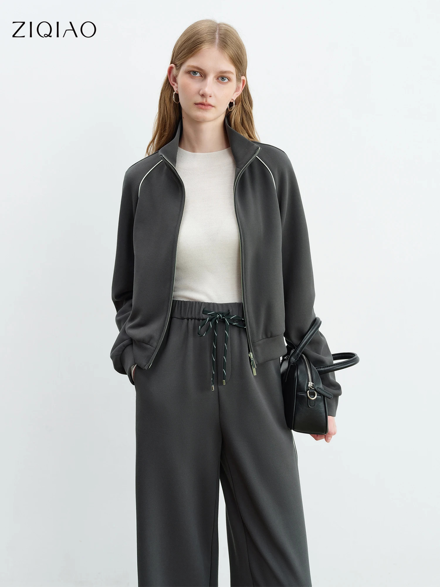 ZIQIAO Contrast Color Cropped Jacket Casual Pants Suit Women Early Autumn Workout Outfit Female Set 25ZQ9307225ZQ93073 251028