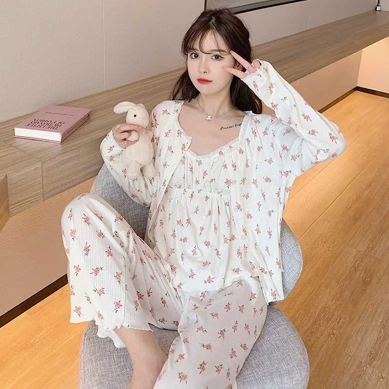 Three Piece Cotton Pajamas Women Long Sleeve Trousers Sexy Floral Student Loungewear Large Size Romantic Women Nightwear SexyT251029