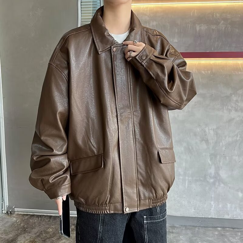 American Style Leather Jacket For Men Spring And Autumn, High-end Feel Cool And Trendy Brand Casual Designer Jacket Loose PU Leather Turn-down Collar 