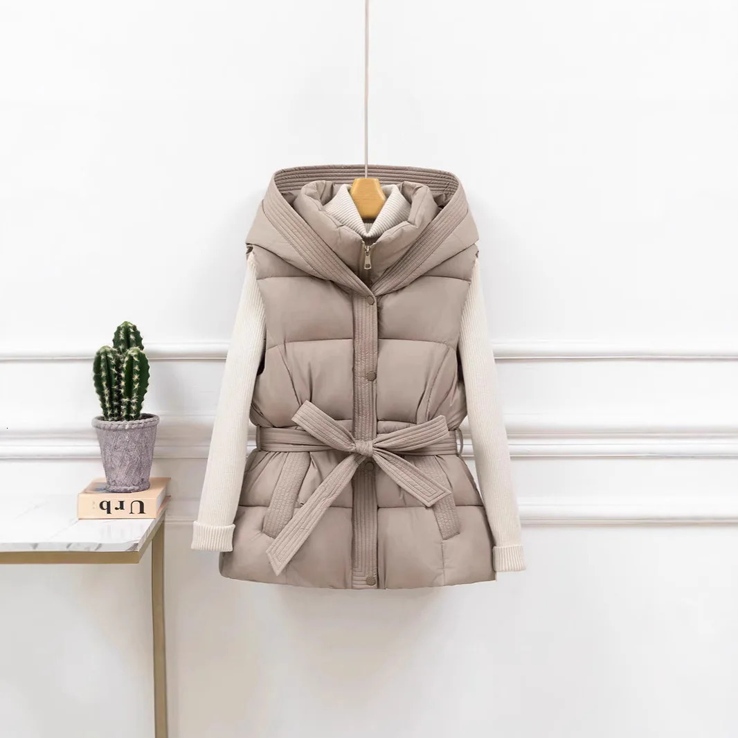Womens Quilted Puffer Vest Thicken Warm Winter Hooded Coat Solid Color Sleeveless Padded Outwear Cropped Button Zip Up 251027