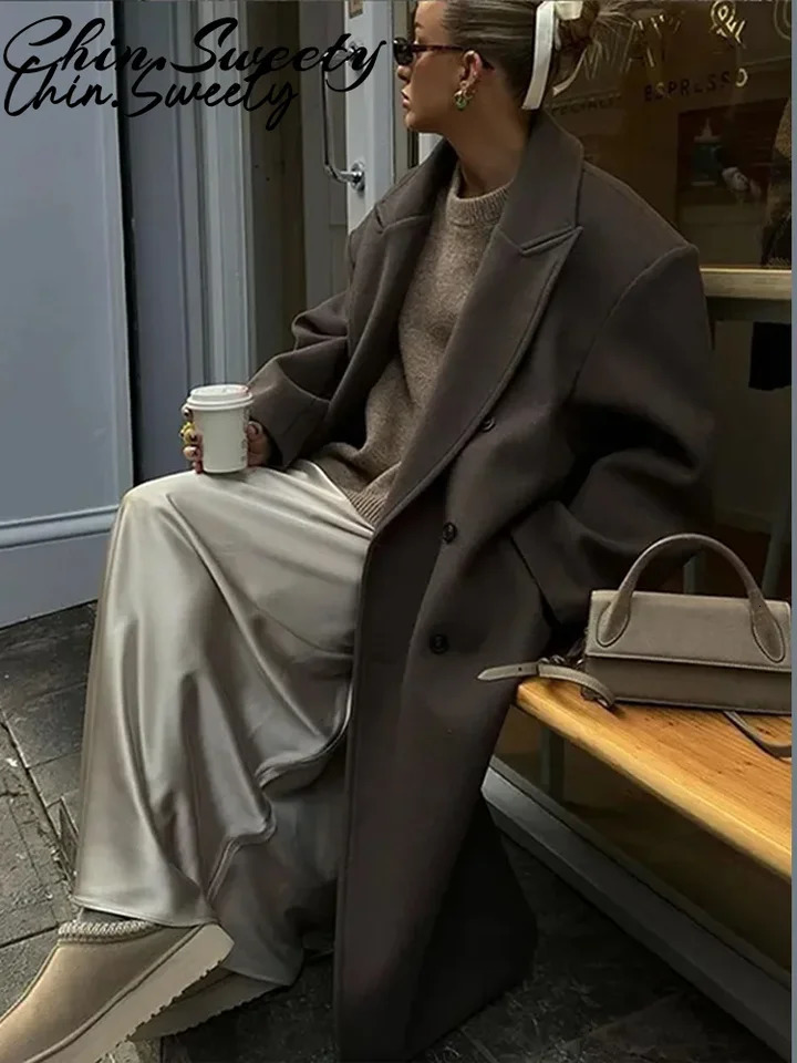 Urban Women Wool Long Coat Casual Full Sleeve Lapel DoubeBreasted Female Coats Autumn Winter Lady Streetwear 251028