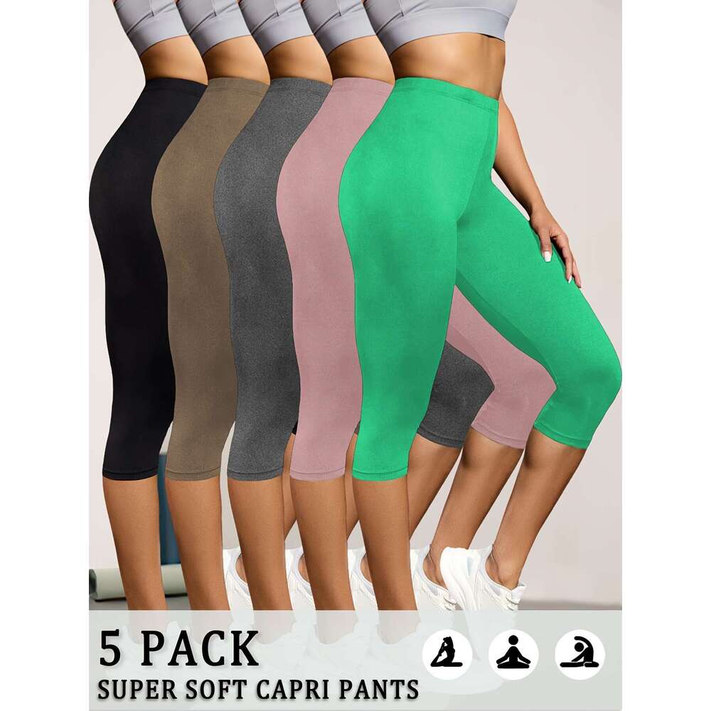 5pcs Women'S Super Soft Capri Pants, Solid Color High Stretch Athletic Leggings for Workout, Running, Yoga - Breathable & Comfortable Spring/Summ