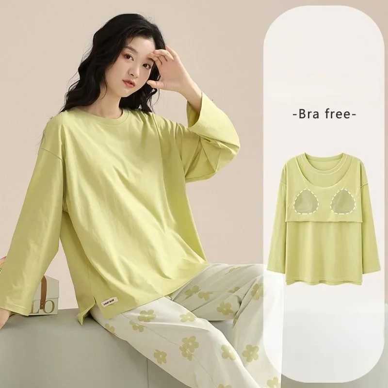 New Pajamas Chest Pads Womens Sleepwear Spring Autumn Long Sleeve Homewear Pullover Winter Loungewear Sets can be worn outsideT251029