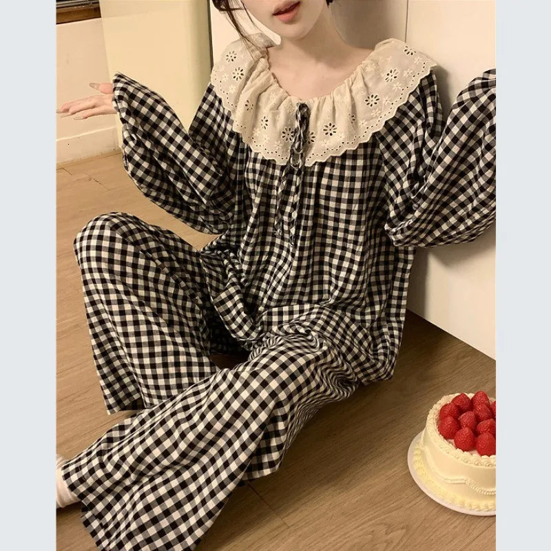 Sweet Large Collar Lace Trim Pajamas for Women with Plaid Long Sleeves and Pants Student Home Wear Size 2 Piece Set 251029
