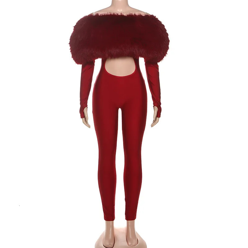 y Faux Fur Patchwork Shiny Jumpsuits Women Fashion Sexy Hollow Out Furry Off Shoulder Long Sleeve Backless Party Overalls 251028