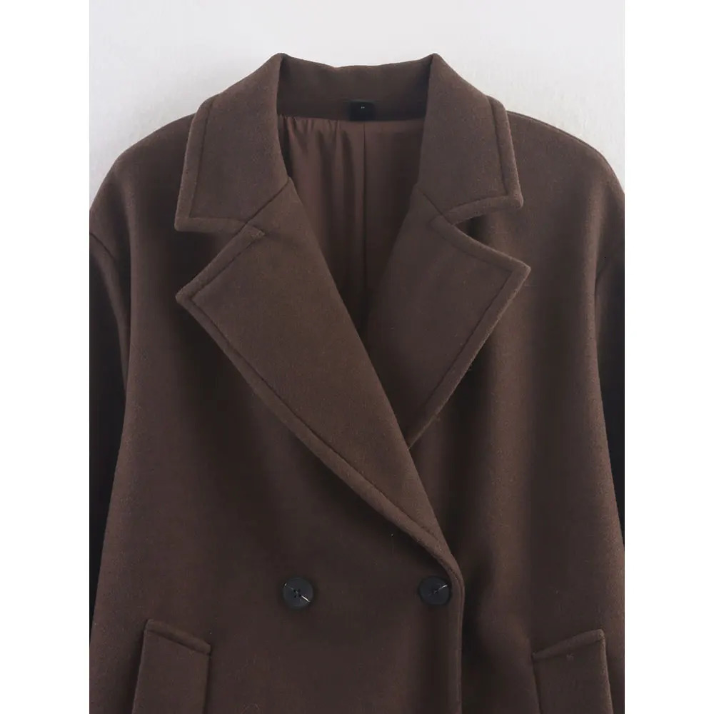 DUOPERI Autumn Winter Womens Brown Woolen Coat Warm Fashion Notch Neck Long Sleeves Female Elegance Chic Lady Outfits 251028