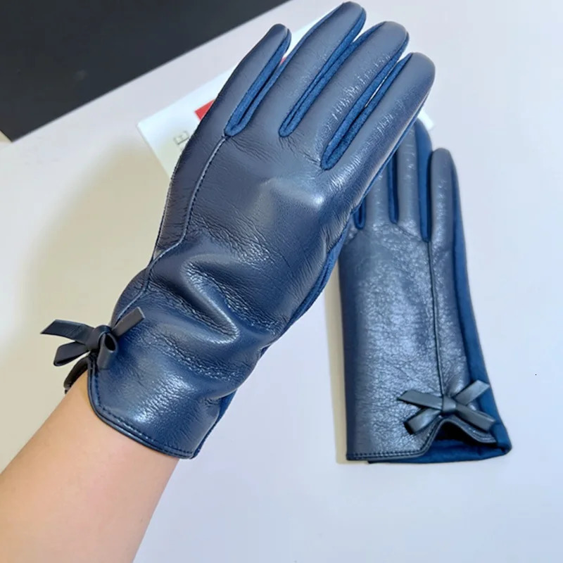 Womens Winter PU Leather Gloves Touchscreen Texting Warm Driving leather with Bow for Outdoor 251013