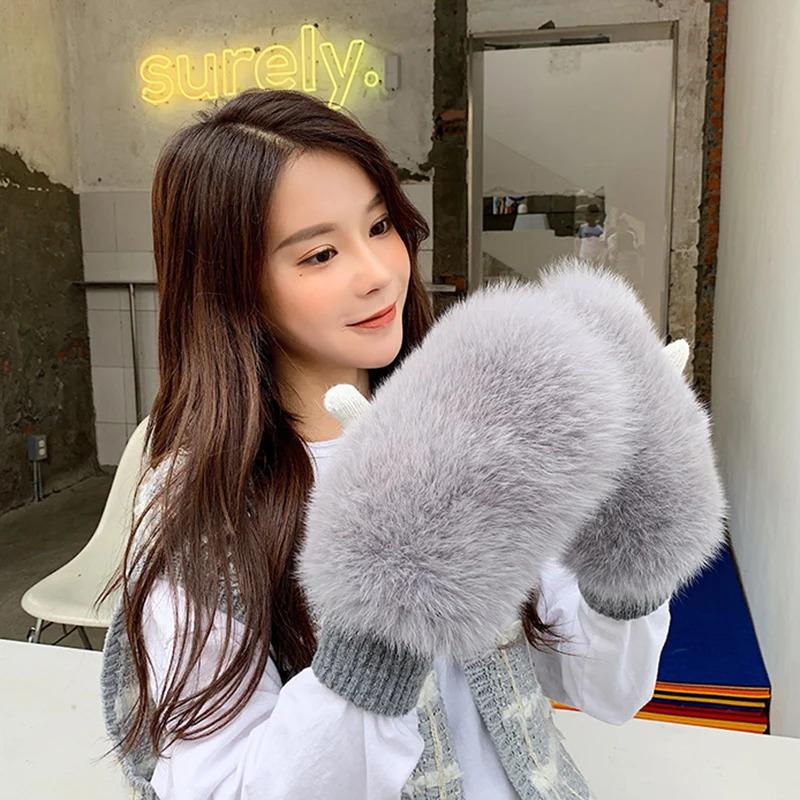 Women 100 Real Knitted Thick Genuine Fox Fur Mittens Winter Warm Lady Real Fur Gloves Knit Fur Mitten 251029