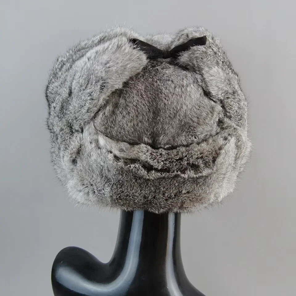 Rabbit Fur Cap Man Winter Genuine 100 Fur Bomber Hat Windproof Warm Earmuffs Male Flat GreyBlack Russian Hat Fitted Casquette 251029