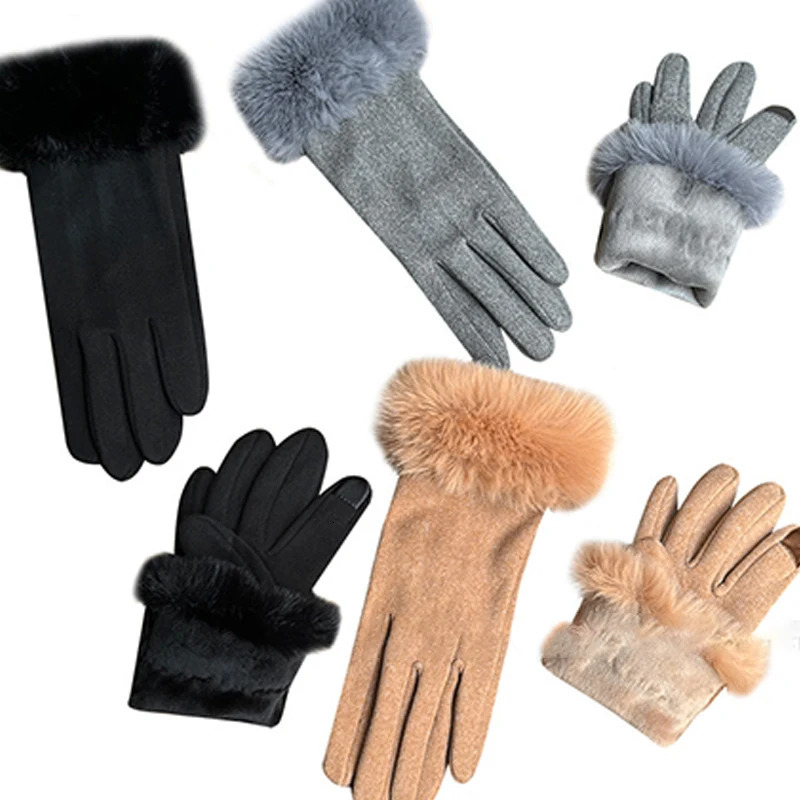 Winter Rabbit Fur Mouth Full Finger Touch Screen Plus Velvet Warm Gloves For Women 251029
