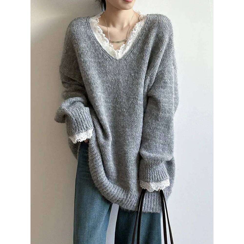 Aoaiiys Women V Neck Lace Spliced Pullovers Vintage Chic Knitted Jumpers Autumn Winter New Comfortable Loose Sweaters