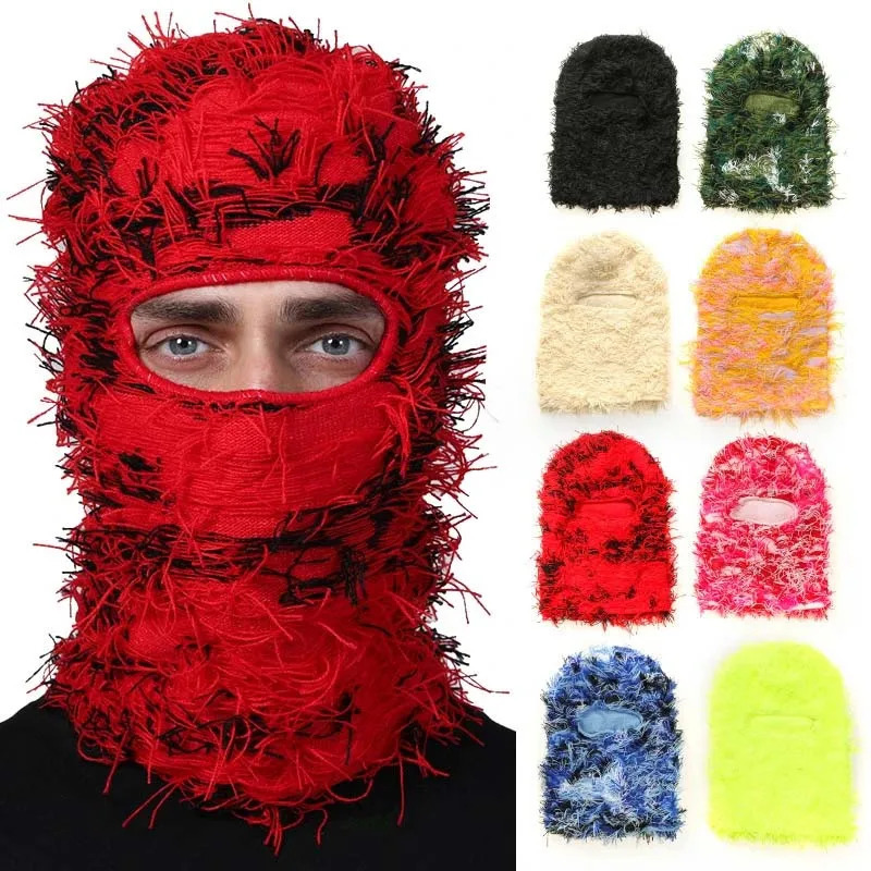 Hip Hop Balaclava Distressed Knitted Caps Full Face Ski Mask Women Outdoor Camouflage Fuzzy Ski Balaclava Beanies Hat 251029