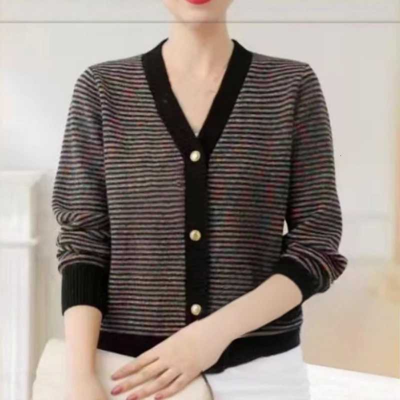New Contrasting Striped Vneck Sweater Womens Loose Casual and Versatile Sweater Jacket Cardigan TopT251028