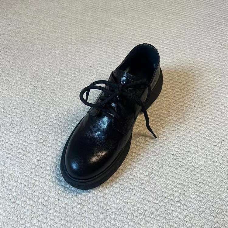 Round Toe British Style Lace-up Genuine Leather Thick Designer Shoe Black Commuter Loafers Chunky Heel Single Shoes for Women