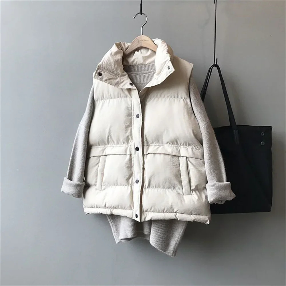 Fashion Stand Collar Sleeveless Jackets Casual Loose Down Cotton Vests Women Winter Parkas Warm Padded Oversize Waistcoat 251029