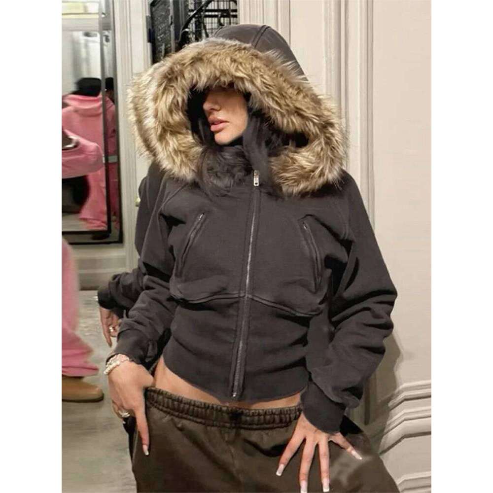 Fashion Solid Feather Hooded Short Jacket Women Zipper Pockets Full Sleeve Waist-closed Coat 2025 Autumn Lady New Street Outwear