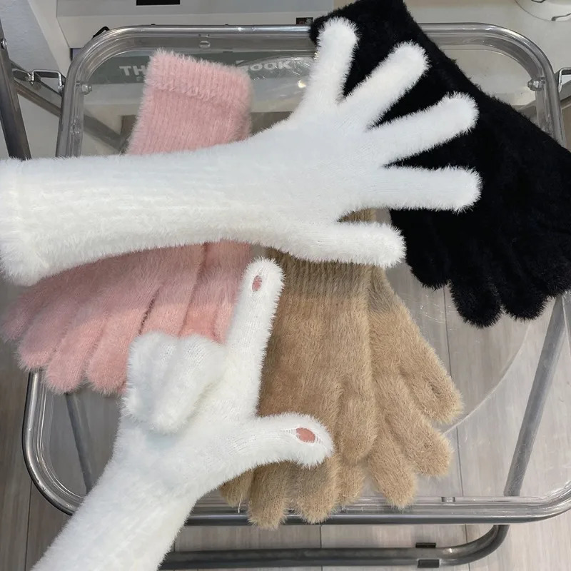 Sweet Mink Wool Long Gloves Women Winter Thicken Knitted Warm Short Fluffy Plush Mittens Protective Arm Anticold Outdoor Gloves 251029