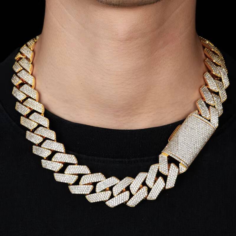 Gorgeous Mens 22MM YellowCuban Link Chain Necklace with 4 Rows of Sparkling Zirconia Elegantly Gold Plated in 18K