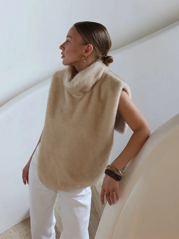 Women Casual Faux Fur Vest Chic Solid High Collar Sleeveless Loose Waist Coat Lady Fashion Daily 2025 High Street Vests 251029