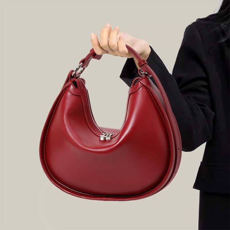 genuine leather crescent mo bag handheld large capacity glossy soft leather crossbody halfround saddle bag horn mo bag D251029