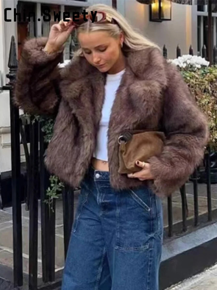 Fashion Solid Faux Fur Coat Women Loose Lapel Full Sleeve Street Outwears Autumn Winter Lady Furry Warm Outwear 251028
