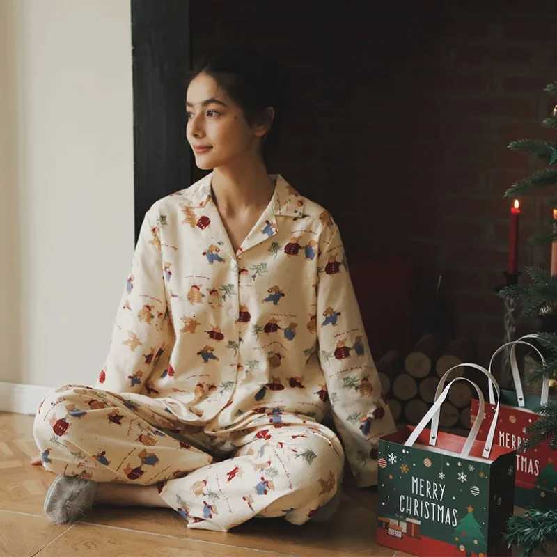 Cozy Bear Print Pajama Set for Women Soft Cotton Christmas PJs Cute Holiday Sleepwear Long Sleeve Loungewear Girlfriend GiftT251029