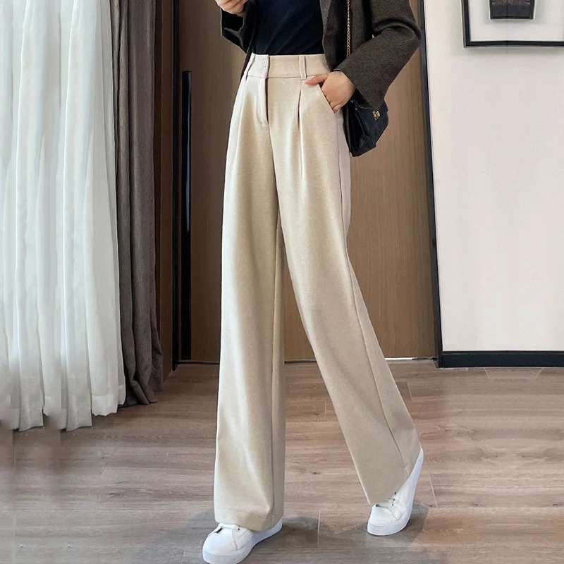 Autumn Winter Women Concise Woolen Pants Lady Wide Leg ner Outside Trousers Female Thicken High Waisted Draping 251029