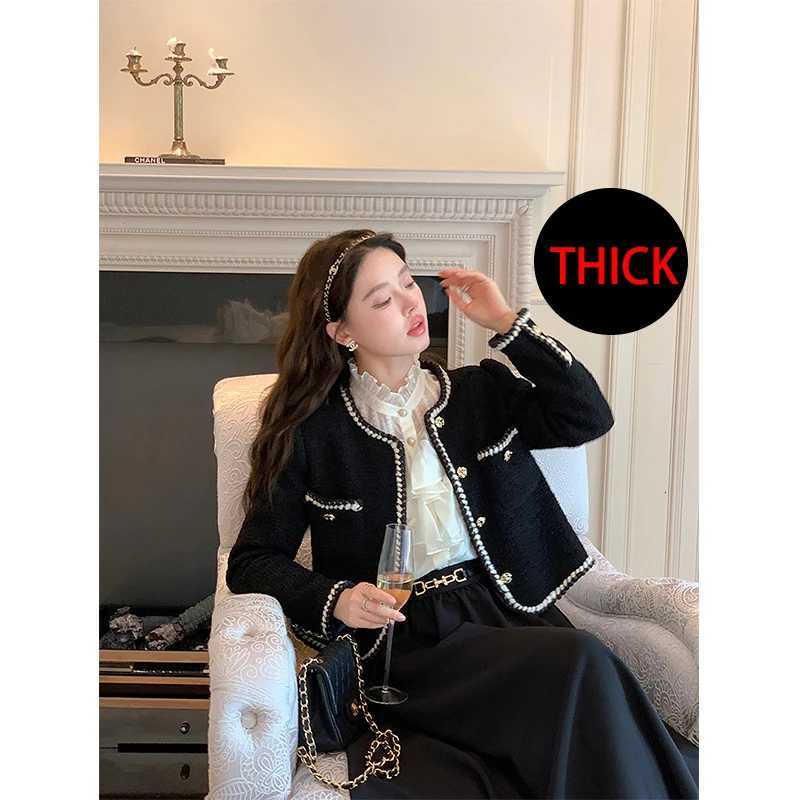 Vintage Cropped Tweed Jackets Women Elegant Black Thicken Coat Korean Single Breasted Blazer Casual Warm Short Outerwear Tops1 Y251105