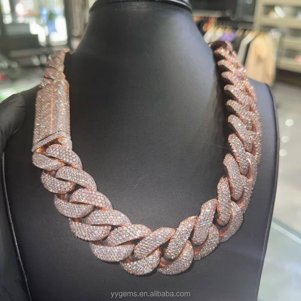 Yu Ying Custom Heavy Chain 20mm 22mm Men Full Iced Out Moissanite Rose Gold 925 Silver Cuban Link Chain Necklace Hip Hop Jewelry
