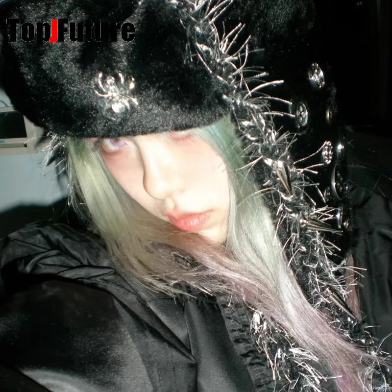 Gothic Lolita Y2k Girls Womens Subculture Punk rivet Metallic Spike Warm plush fluffy Harajuku Winter Warmer Beanie Hat 251029