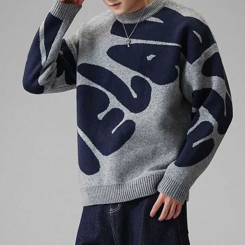 American Streetwear Grey Blue Abstract Jacquard Crew Neck Sweater Men Women Couple Loose Casual Knit Jumper Autumn Winter J251029