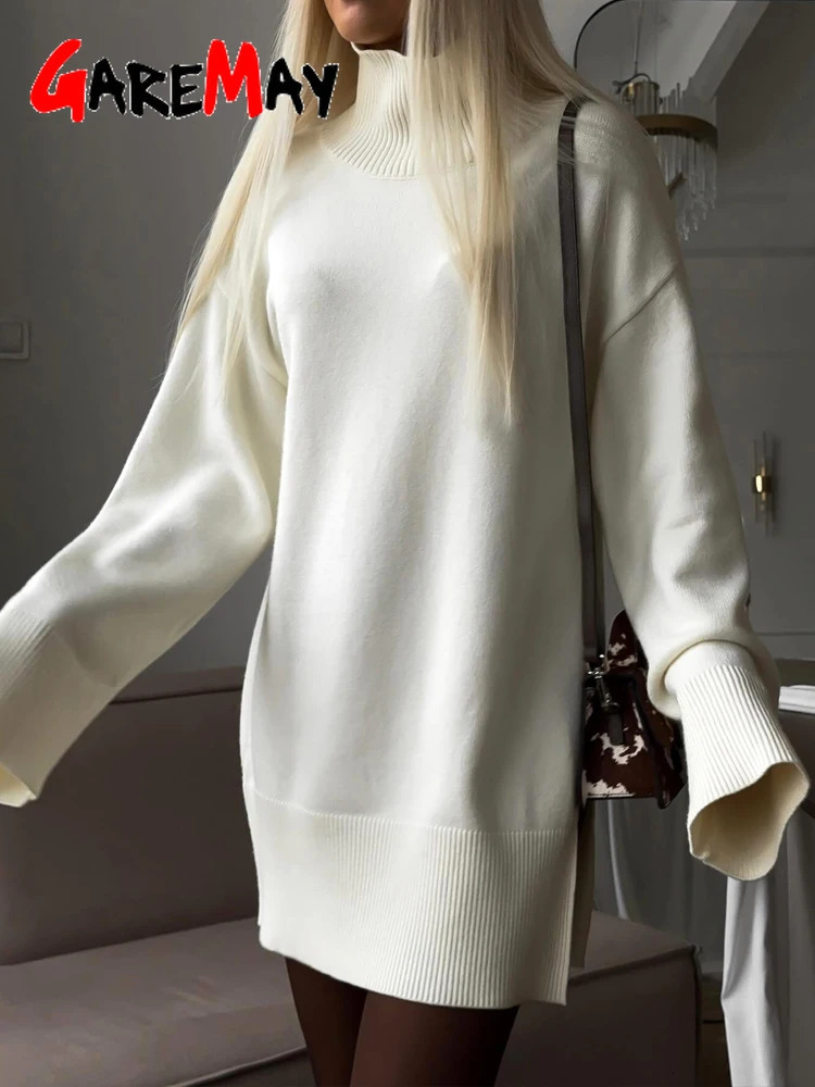 Winter Womens Knitted Dress Autumn To The Knee Short Warm Knitted Dress with Slit Brown Sweater White Dress for Women 251029