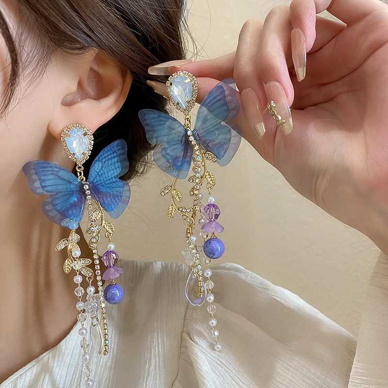 Pink Butterfly Earrings With Long Tassel Sparkly Zircon Crystal Imitation Pearl Beads Earrings Light Luxury Party Ear JewelryW251029