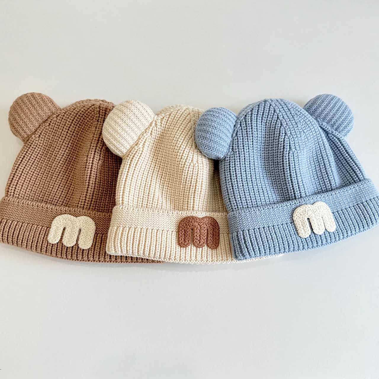 Solid Color mLetter Baby Knitted Hat Thick Warm Autumn Winter Beanie Outdoor Coldproof Kids Boys Girls Pullover Cap251028