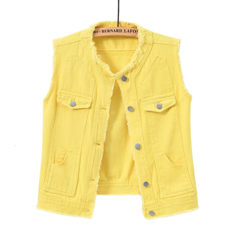 Autumn Women Denim Vests Sleeveless Waistcoat Students Casual Sleeveless Tops Jeans Jackets Pink Yellow White Orange Green 5XL 251029