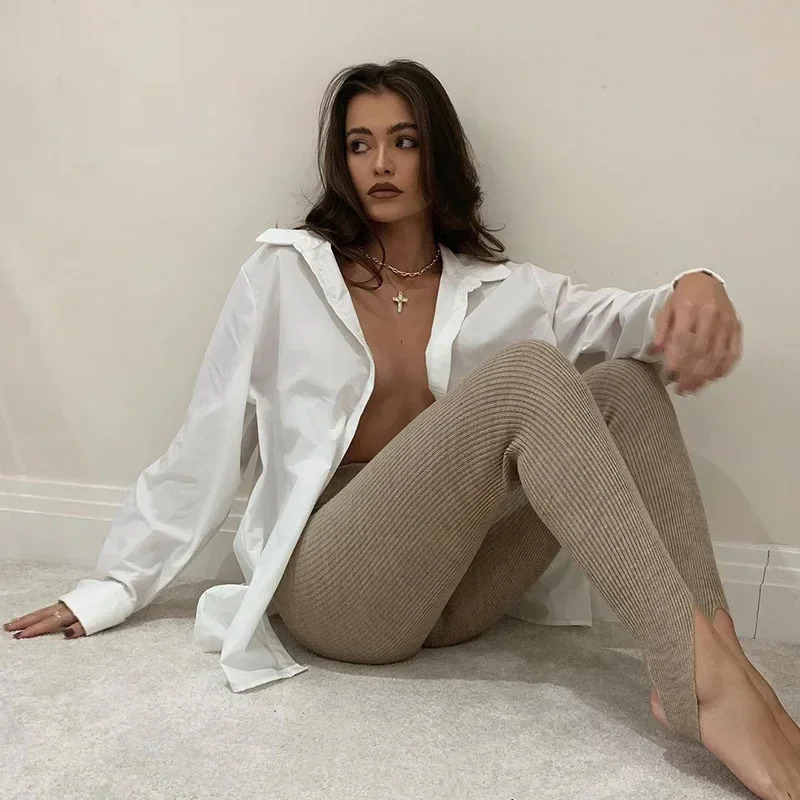 Beige Ribbed Knit Leggings Women High Waist Cotton Fitness Basic Pants Casual Spring AllMatch Female Skinny 251029