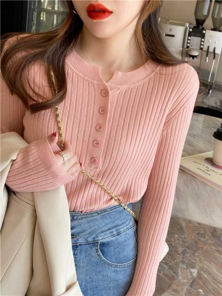 Women Solid Versatile Oneck Knitted Pullover 2025 Autumn Winter Sweater Female Long Sleeve Slim Elastic Button Stripes JumperT251028