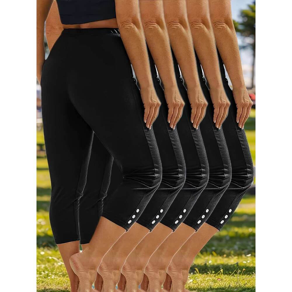 5pcs Plus Size Women's Capri Leggings - High Stretch, Solid Color with Button Detail, Perfect for Yoga & Running