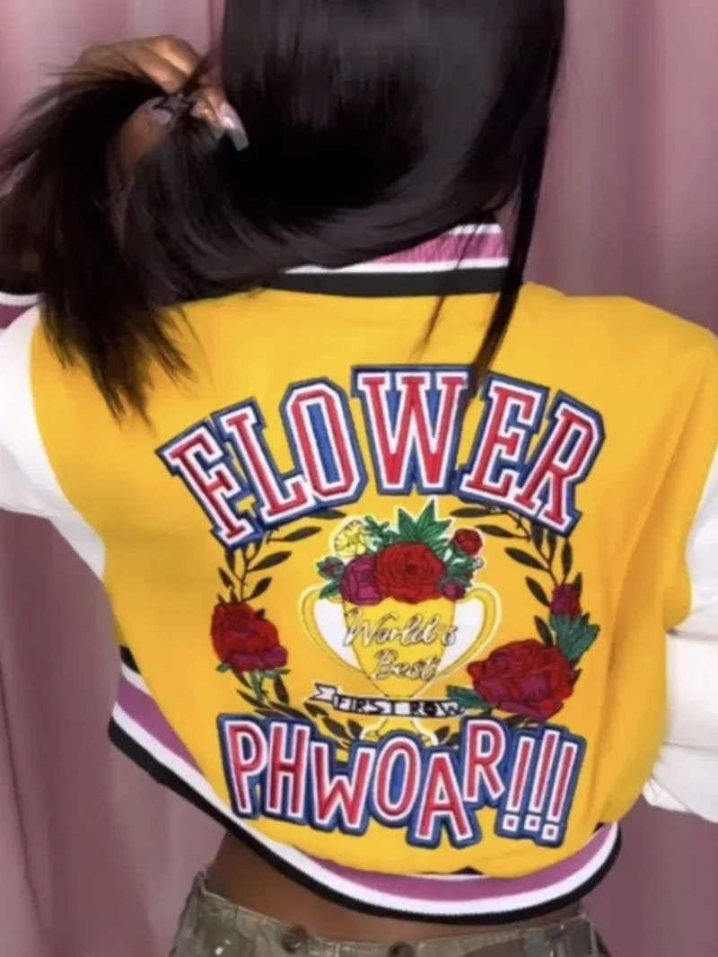 Letter Print Color Patchwork Woolen Varsity Jacket Women Long Sleeve Single Breasted Short Baseball Coat Casual Sporty Outwear 251029