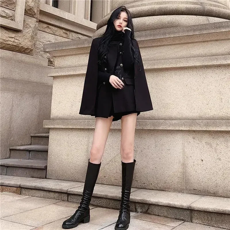 Winter black cape coat can be used with loose stand collar medium long woolen coat for women 251029