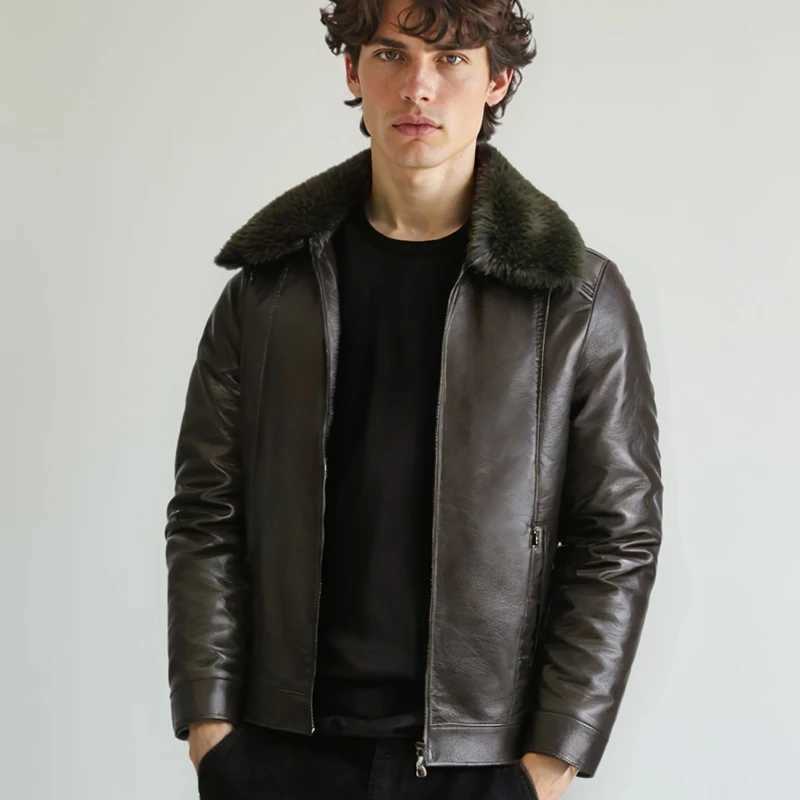 Mens Autumn Winter Fleece Lined PU Leather Jacket Retro Fashion Classic Coat with Removable Collar DecorationT251029