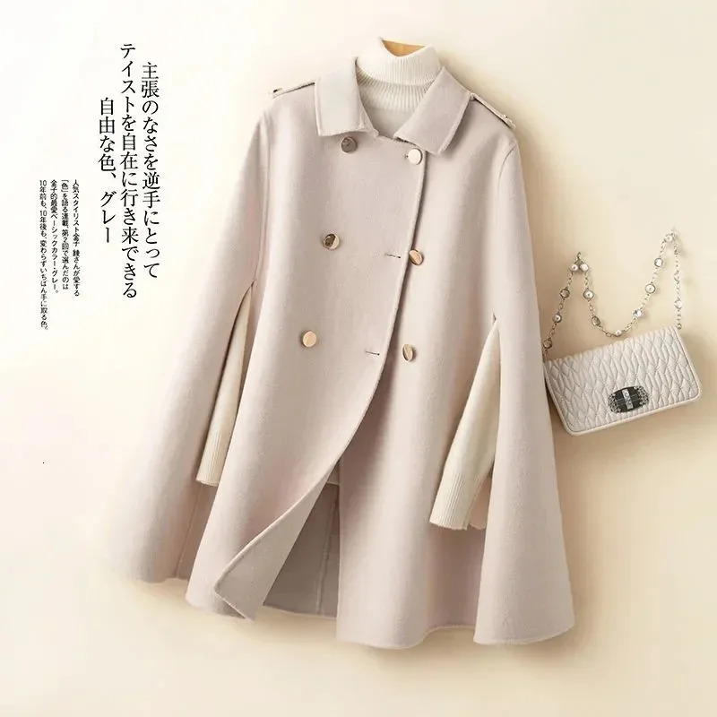 100 Wool Mid Long Bat Cape Women Woolen Coats Autumn Loose Double Sided Cashmere Coat Female Fashion Camel Black Outerwear 251029