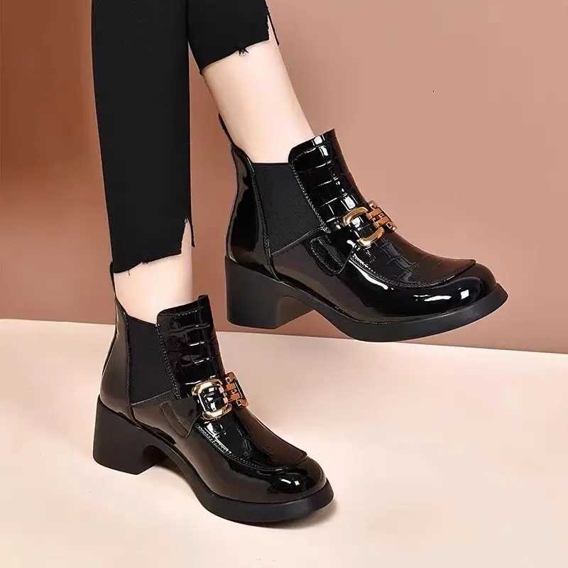 FHANCHU 2023 New Chelsea Ankle BootsHigh Heeled BotasRound Toe Patent Leather AutumnWinter ShoesSize 3540BlackDropship Z251029