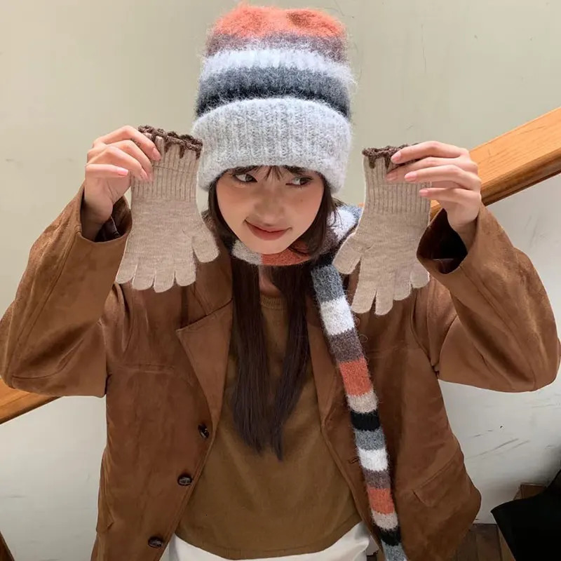 Striped Rainbow Beanies Hat Scarf Two Piece Set For WomenMen Winter Warm Skullis Hats Unisex Outdoor Coldproof SCarf Caps Set 251029
