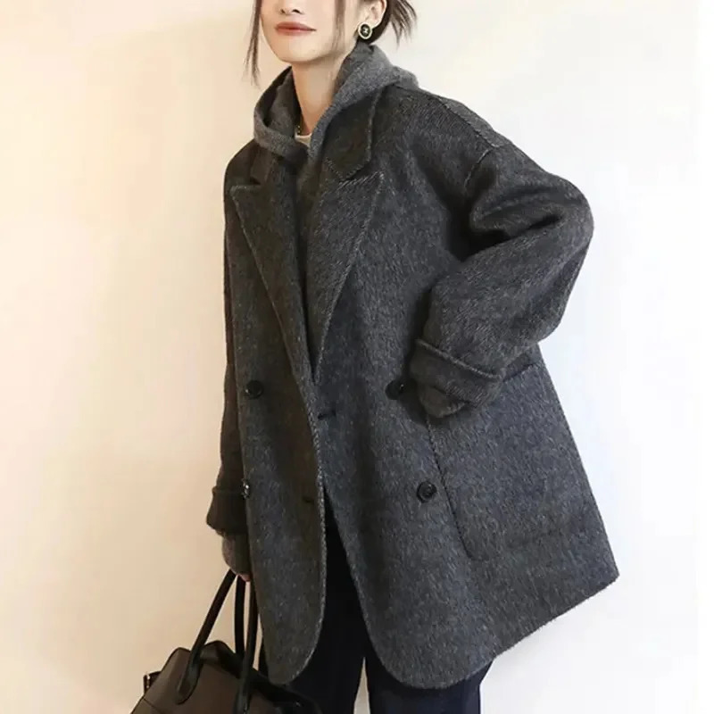 Korea Woolen Long Jackets Coats Tops Winter Laper Double Breasted Abrigos Casual Chaquetas Overcoat Classic Women Warm Casacos 251028