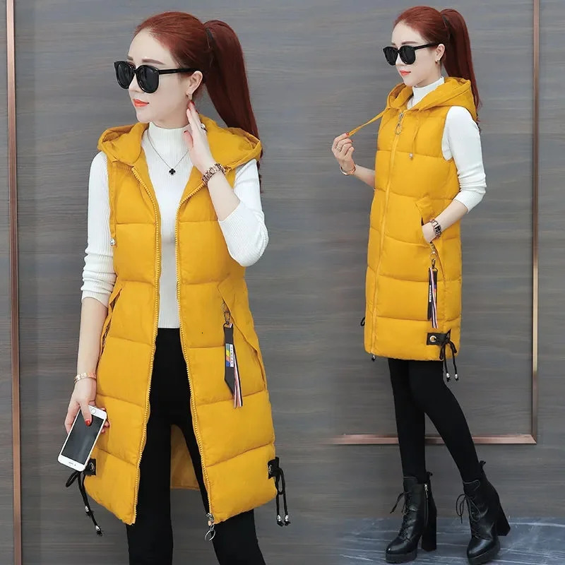 Autumn Winter Women Long Parkas Vest Warm Hooded Down Coat Parka Ladies Sleeveless Waistcoat Jacket Outwear 251029