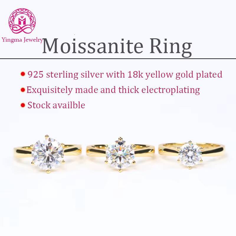 Classic 6 Claws Solitaire Moissanite Diamond Ring 925 Sterling Silver Plating 18K Yellow Gold 1CT 2CT 3 Carats Moissanite Ring
